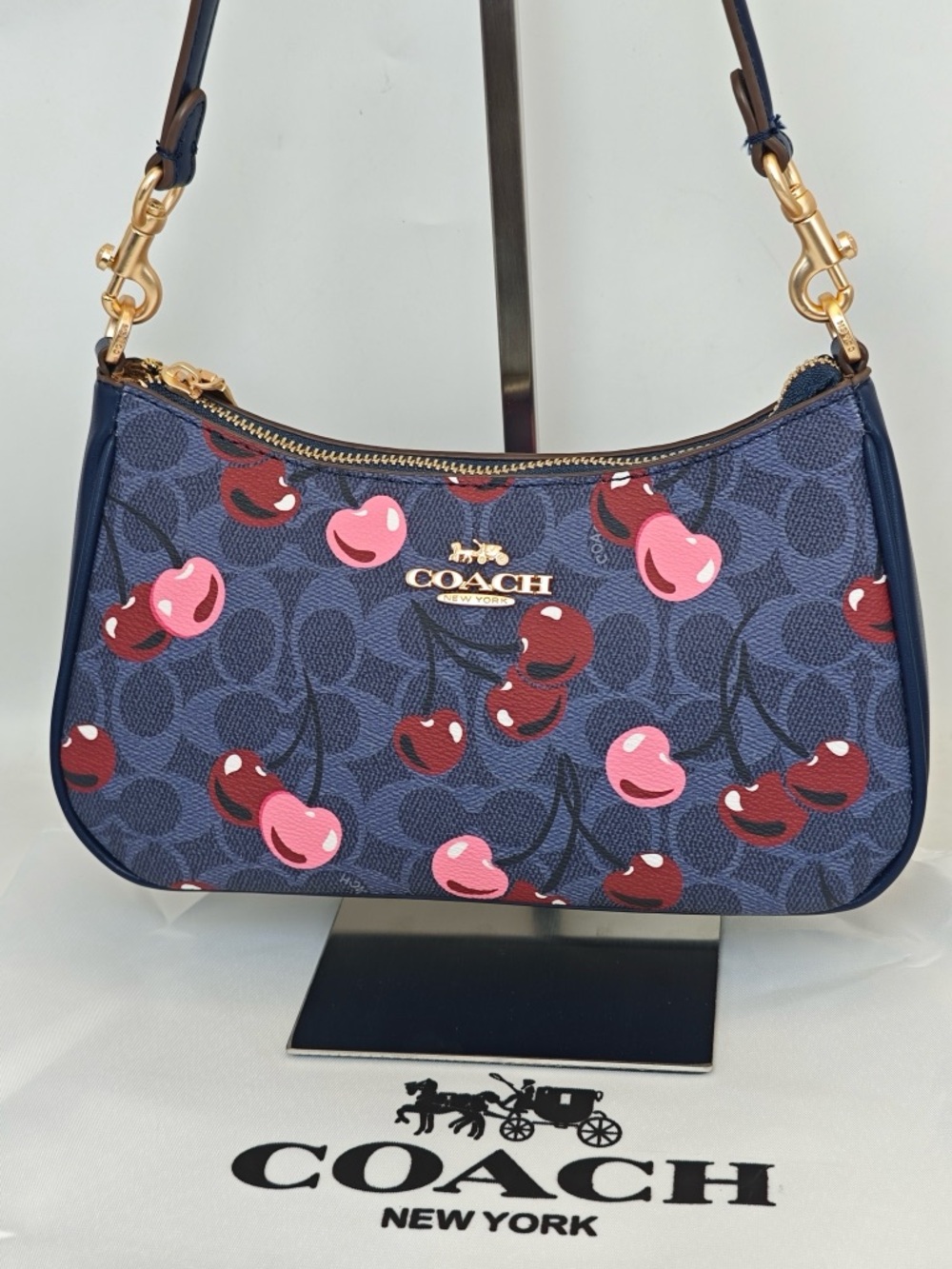 Coach Navy Cherry Print Shoulder Bag with Pink & Red Accents - Picture 4 of 12
